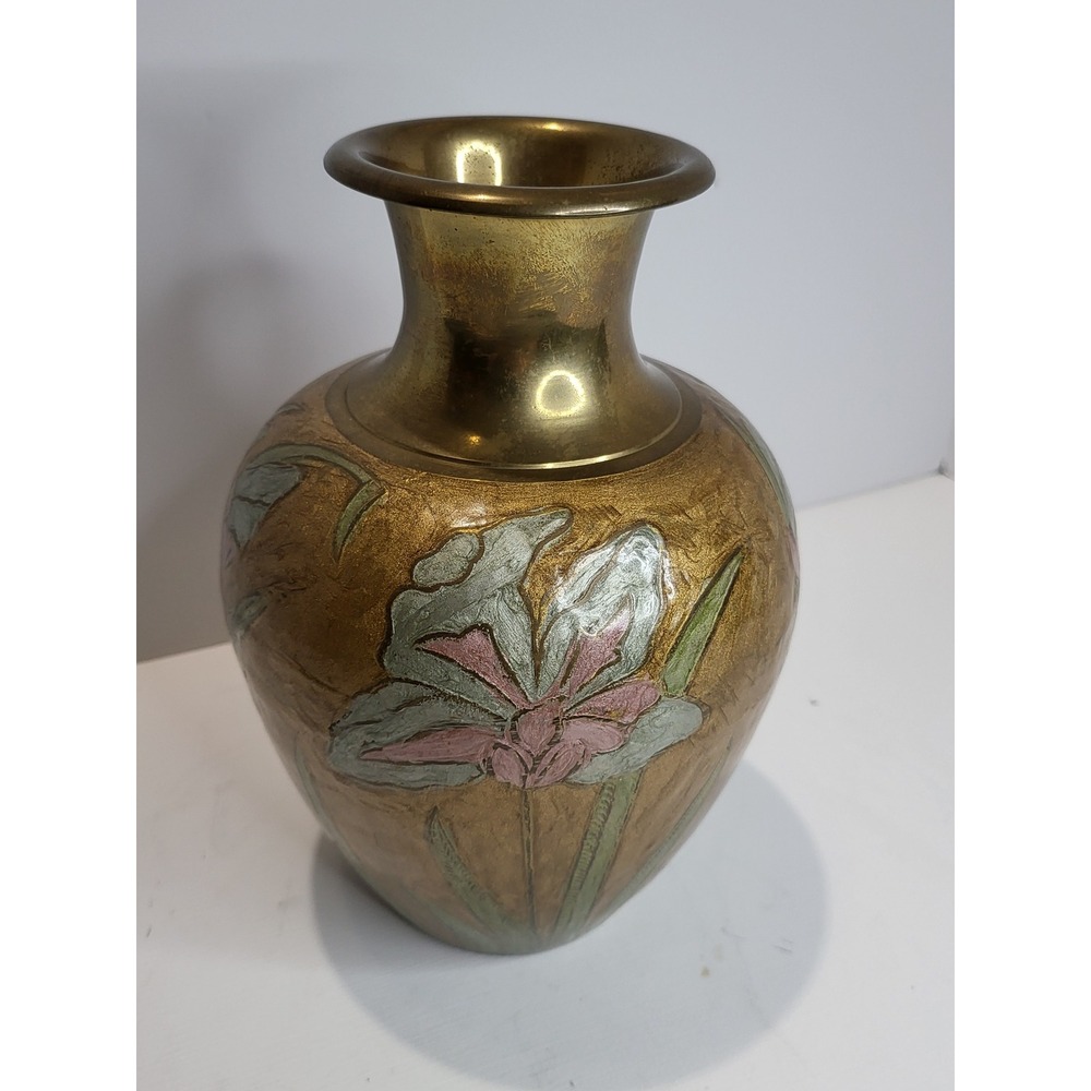 Vintage Brass Floral Vase Hand Painted Enamel Etched Made in India Boho Decor - Picture 2 of 10